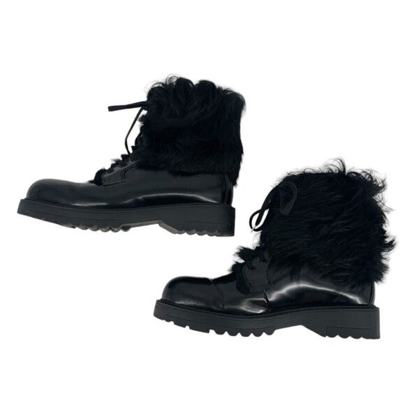 PRADA Shearling Lined Leather Ankle Boots Lace Up Size 38 Goth Combat Motorcycle - Picture 3 of 16